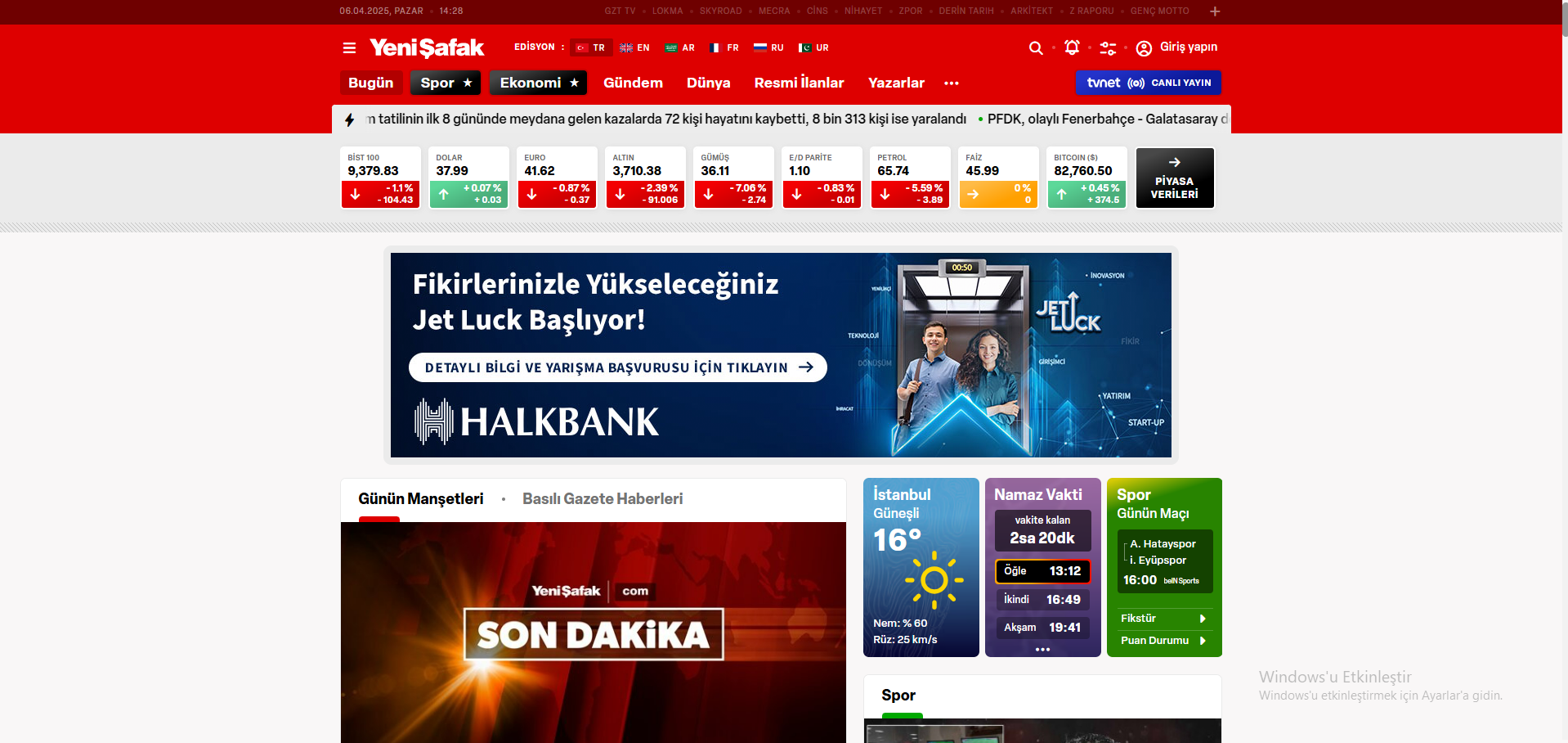 Yeni Şafak web sitesi ekran görüntüsü